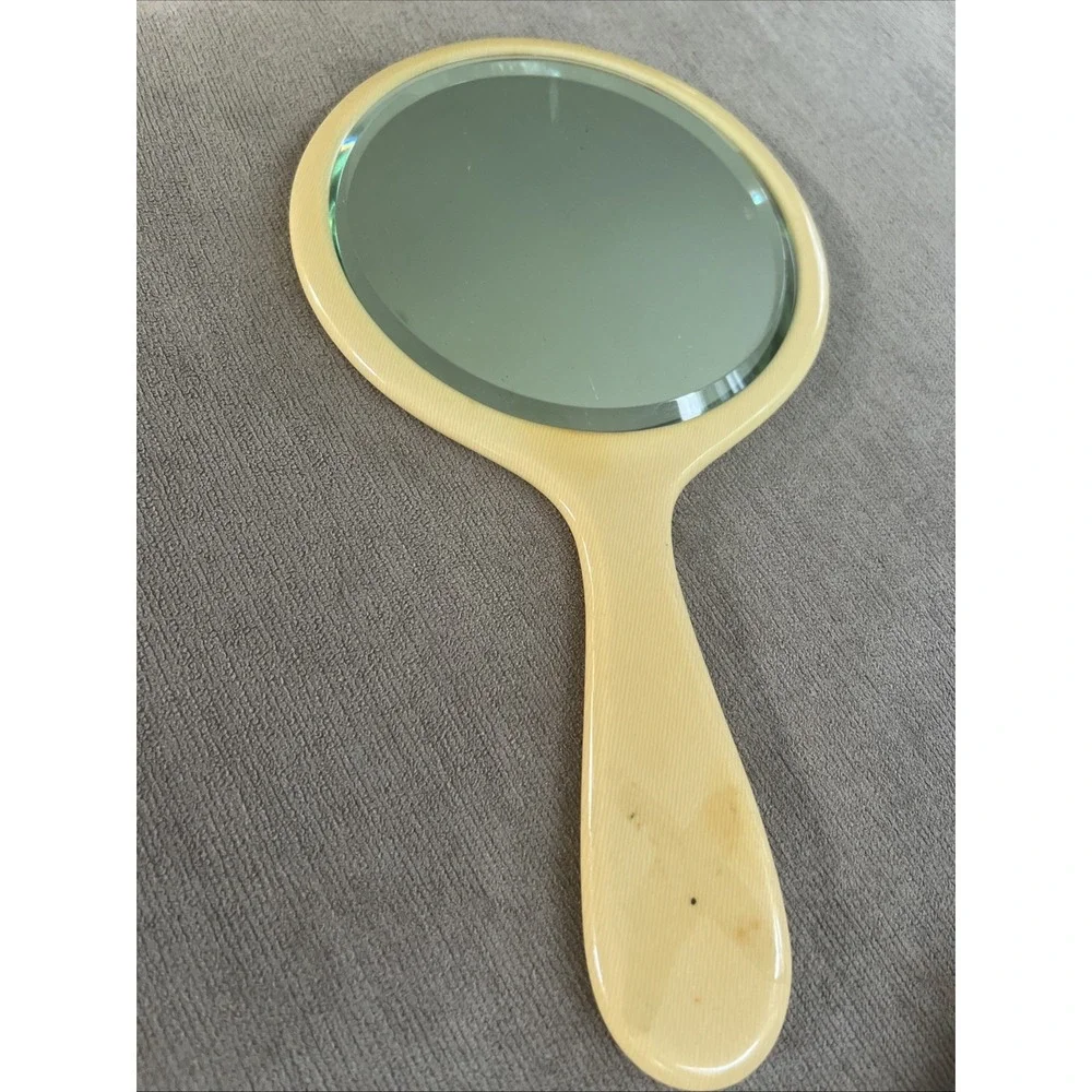 VTG Bakelite Beveled Glass Butterscotch Hand Held Mirror 10.5